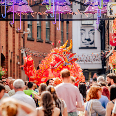 Dragon costume on streets of Cathedral Quarter Belfast