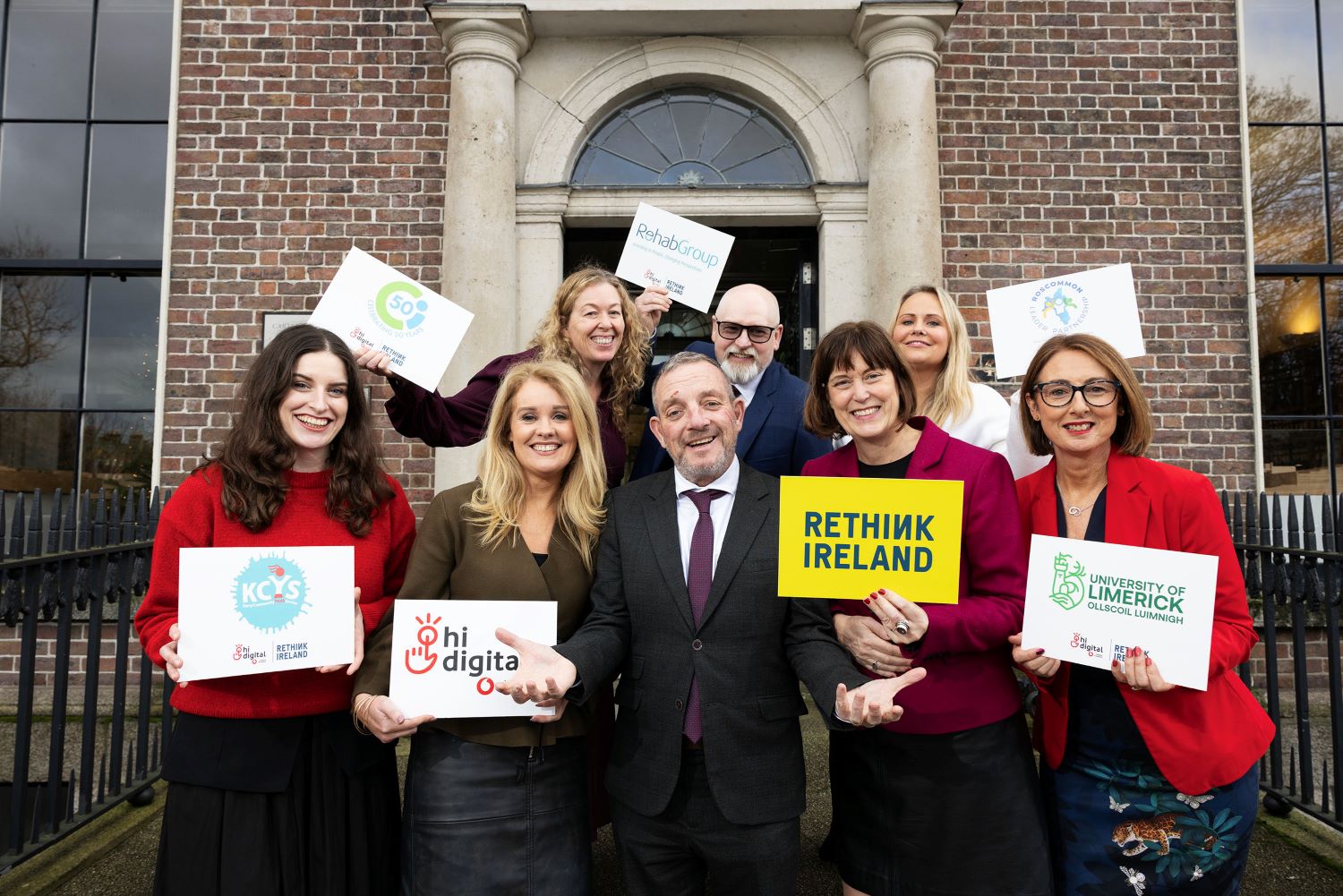 Awardees of the Hi Digital Fund pictured outside together with Minister Jerry Buttimer, Deirdre Mortell and Liz Roche.
